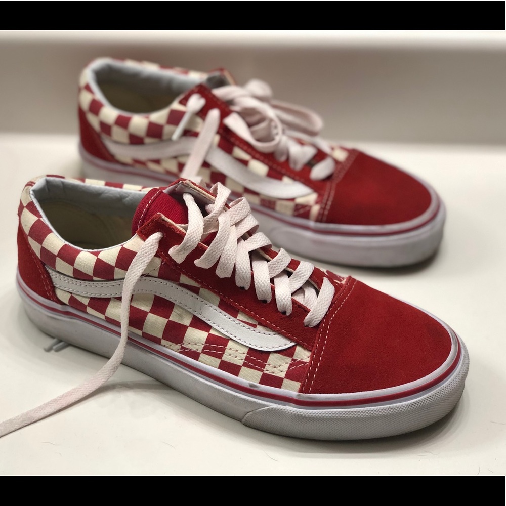 Red and white checkered Vans